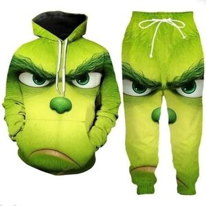 New Adult Small Green Guy  Face Hoodie and Joggers Set